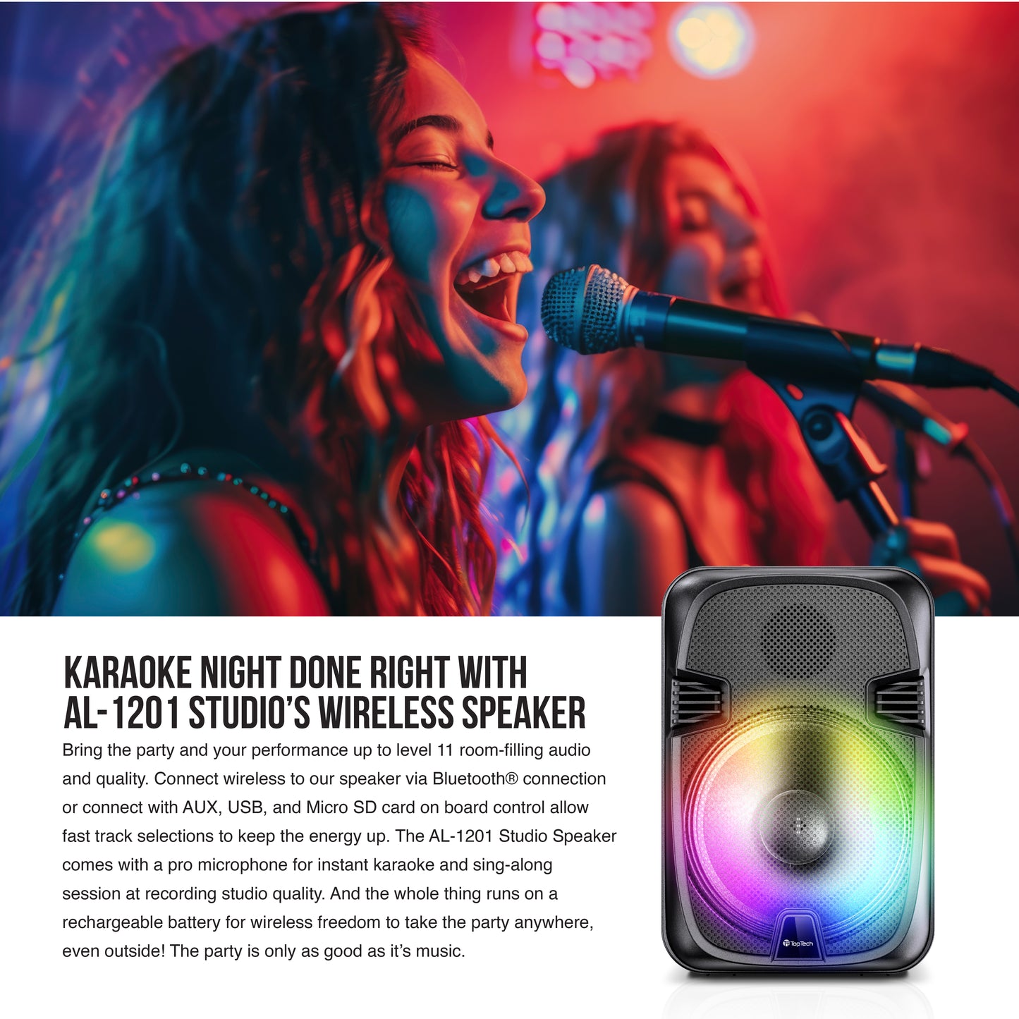 TOPTECH AL-1202 12-Inch Portable Bluetooth Party Speaker with Wired Mic & Karaoke