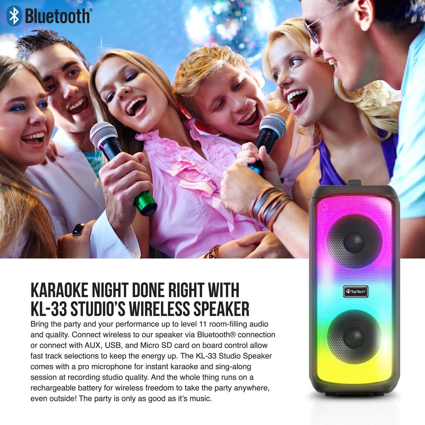 TOPTECH KL-33 Portable Bluetooth Speaker with Dual Woofers, RGB Lights & Karaoke