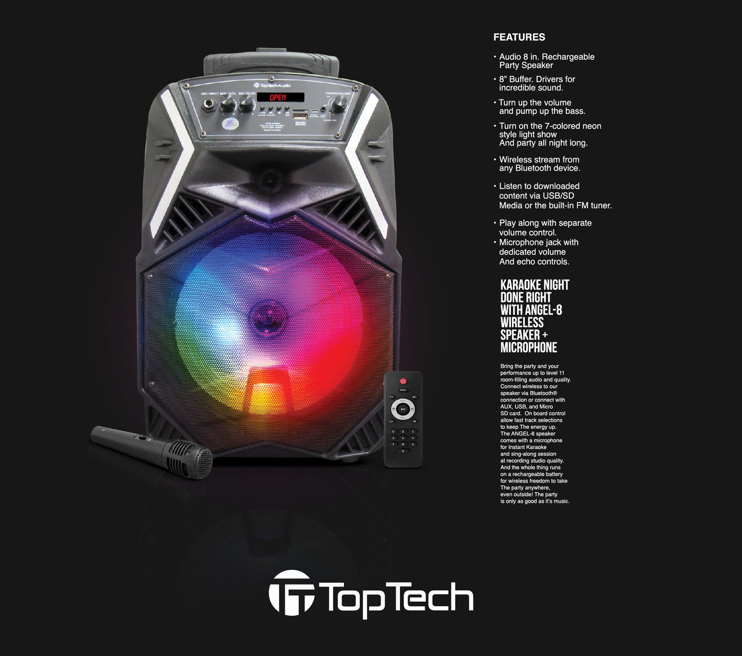 TOPTECH Angel-8 Bluetooth Portable Speaker with LED Lights, Mic, and Wheels - Top Tech Audio