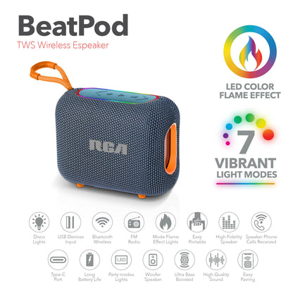 RCA BEAT-33 5W Portable Bluetooth Speaker with RGB Lights & Multiple Inputs