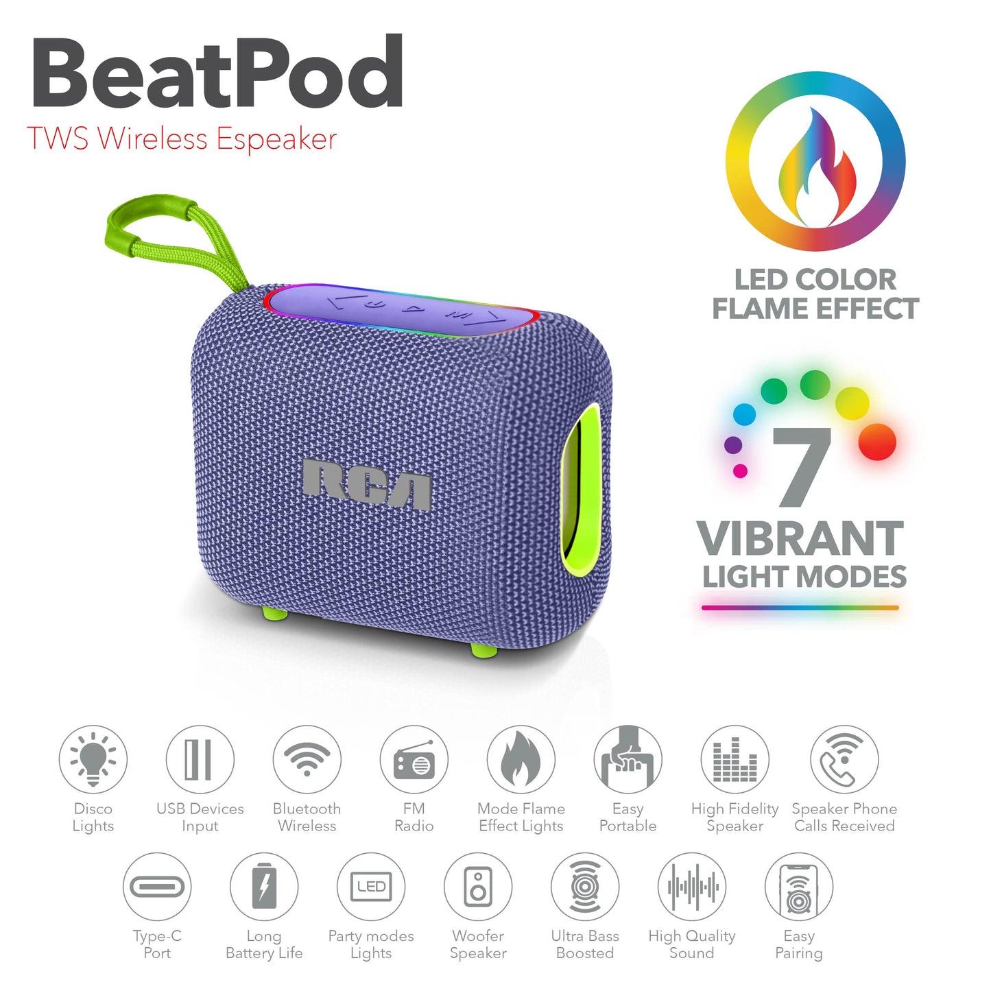 RCA BEAT-33 5W Portable Bluetooth Speaker with RGB Lights & Multiple Inputs