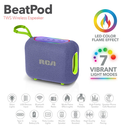 RCA BEAT-33 5W Portable Bluetooth Speaker with RGB Lights & Multiple Inputs