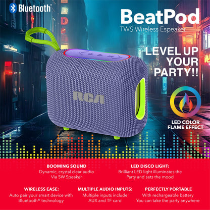 RCA BEAT-33 5W Portable Bluetooth Speaker with RGB Lights & Multiple Inputs