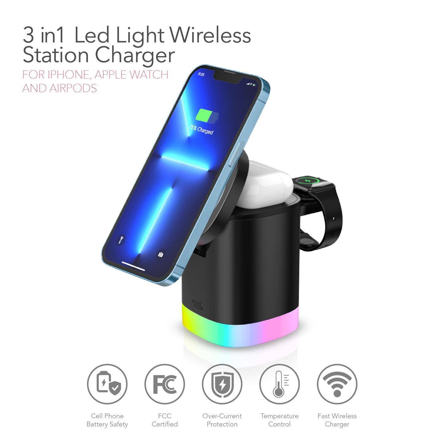 RCA 3-in-1 Wireless Charging Station for iPhone, Apple Watch & AirPods â€“ 15W Max Output - Top Tech Audio 