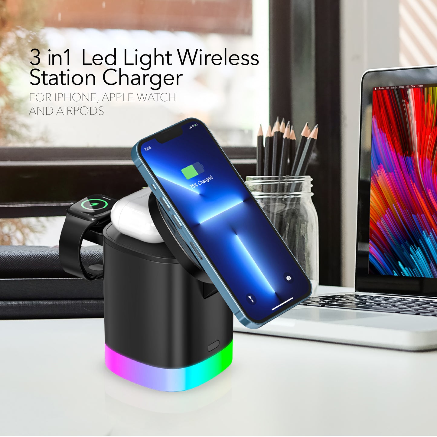 RCA 3-in-1 Wireless Charging Station for iPhone, Apple Watch & AirPods â€“ 15W Max Output - Top Tech Audio 