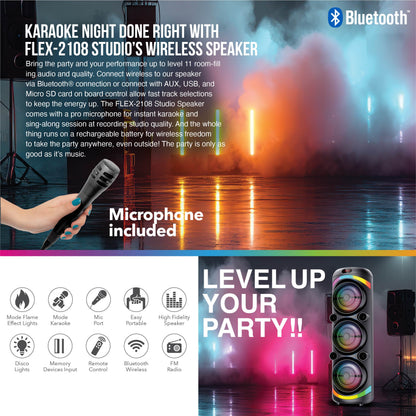 RCA FLEX-2108 Portable Bluetooth Speaker Wireless Karaoke Speaker with Mic & RGB Light