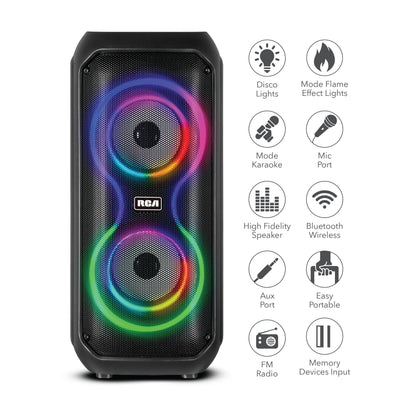 RCA STAGE-204 Dual 4" Bluetooth Speaker with LED Lights, FM Radio & Karaoke Function, 12H Playback Time, Bluetooth Version 5.2, Black