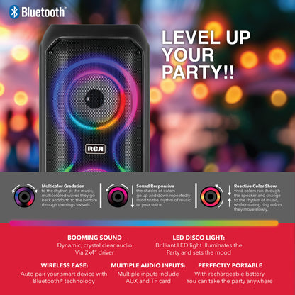 RCA STAGE-204 Dual 4" Bluetooth Speaker with LED Lights, FM Radio & Karaoke Function, 12H Playback Time, Bluetooth Version 5.2, Black