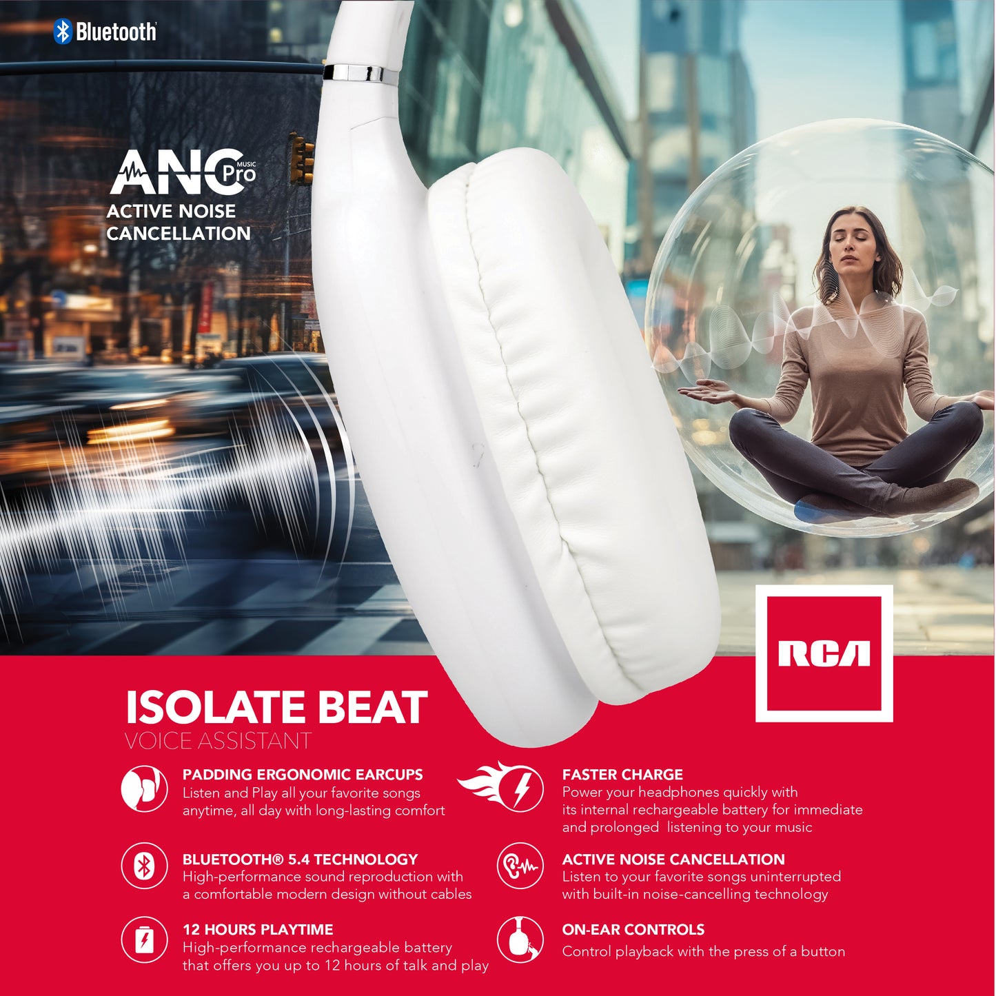 RCA Wave-53 Active Noise Cancelling Headphones, 12H Playtime, Hi-Res Audio - Top Tech Audio 