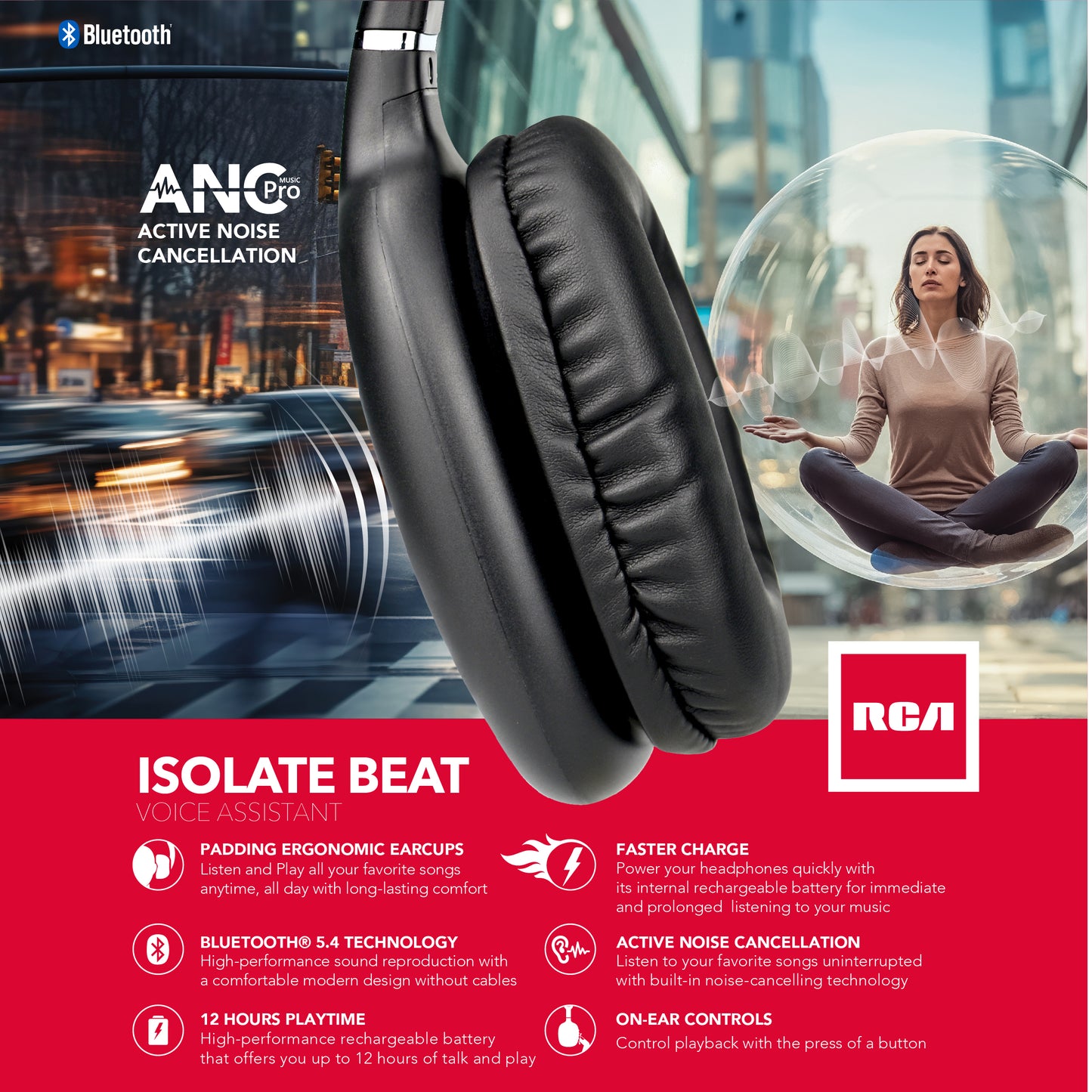 RCA Wave-53 Active Noise Cancelling Headphones, 12H Playtime, Hi-Res Audio - Top Tech Audio 