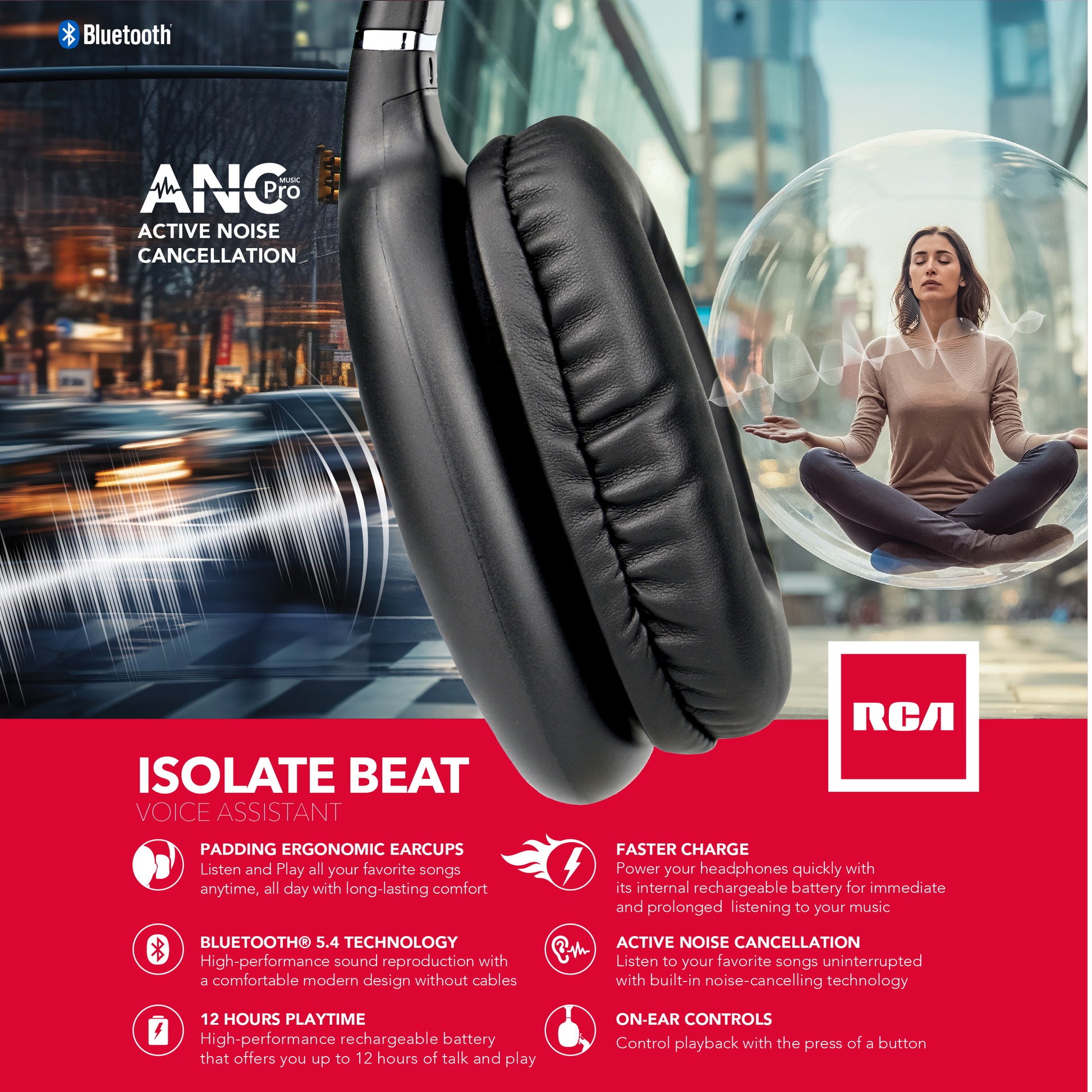 RCA Wave-53 Active Noise Cancelling Headphones, 12H Playtime, Hi-Res Audio - Top Tech Audio 