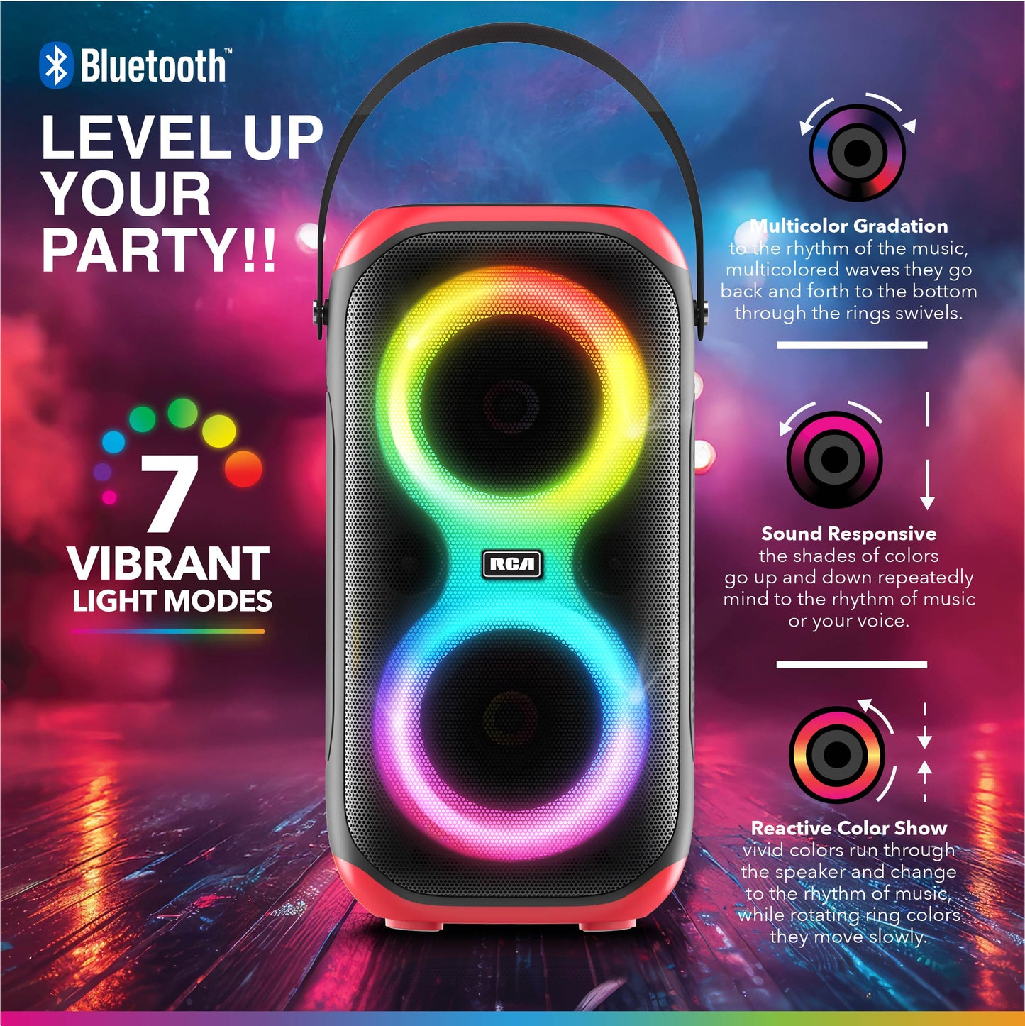 RCA BEAT-10 Portable Bluetooth Speaker Wireless Karaoke Speaker with Mic & RGB Light