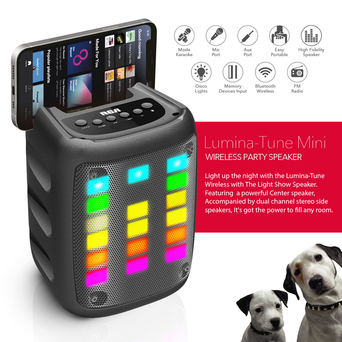 RCA Disco 103 RGB Wireless Mini Party Speaker with LED Show Lights and 3" Woofer - Top Tech Audio 