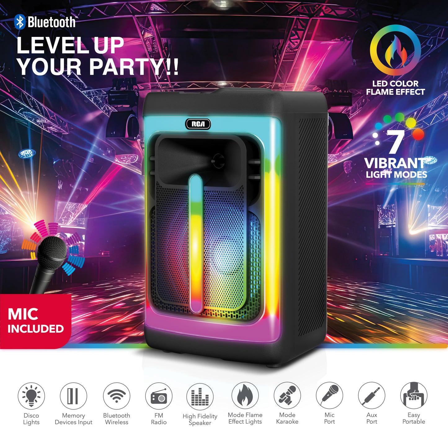 RCA FLAME-1212 Portable Bluetooth Speaker 12" Wireless Karaoke Speaker with Mic & RGB Light