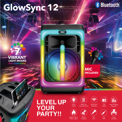 RCA FLAME-1212 Portable Bluetooth Speaker 12" Wireless Karaoke Speaker with Mic & RGB Light