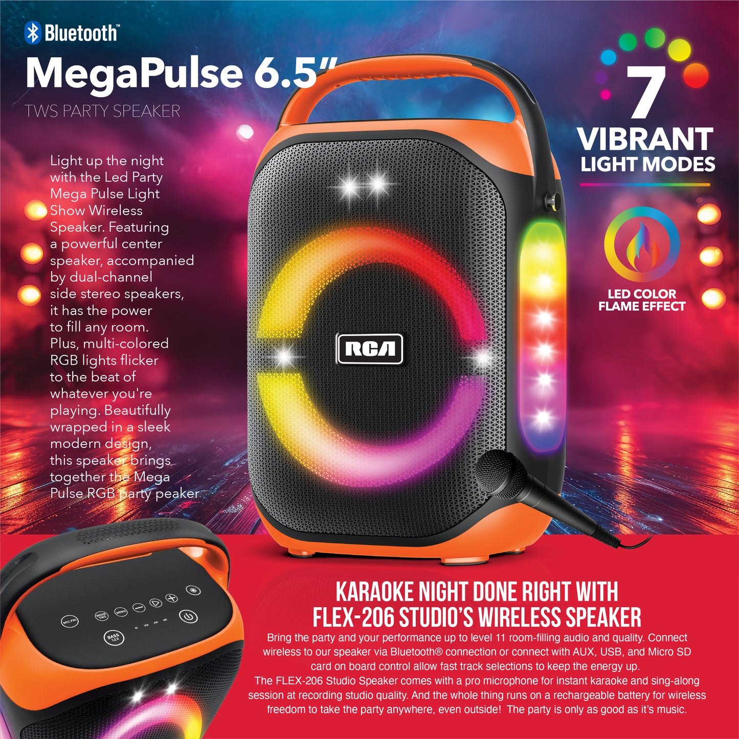 RCA FLEX-206 Portable Bluetooth Speaker Wireless Karaoke Speaker with Mic & RGB Light