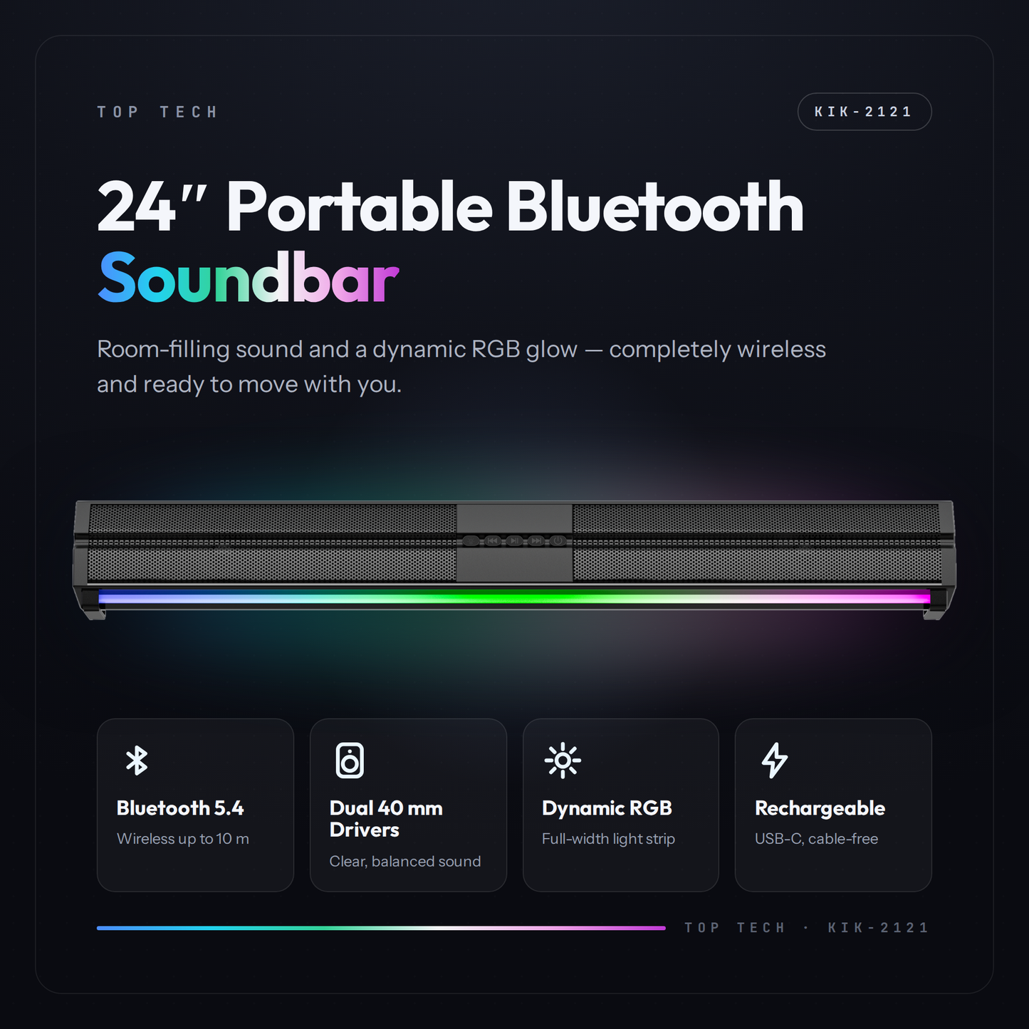 TOPTECH KIK-2121 24-Inch Portable Bluetooth Soundbar