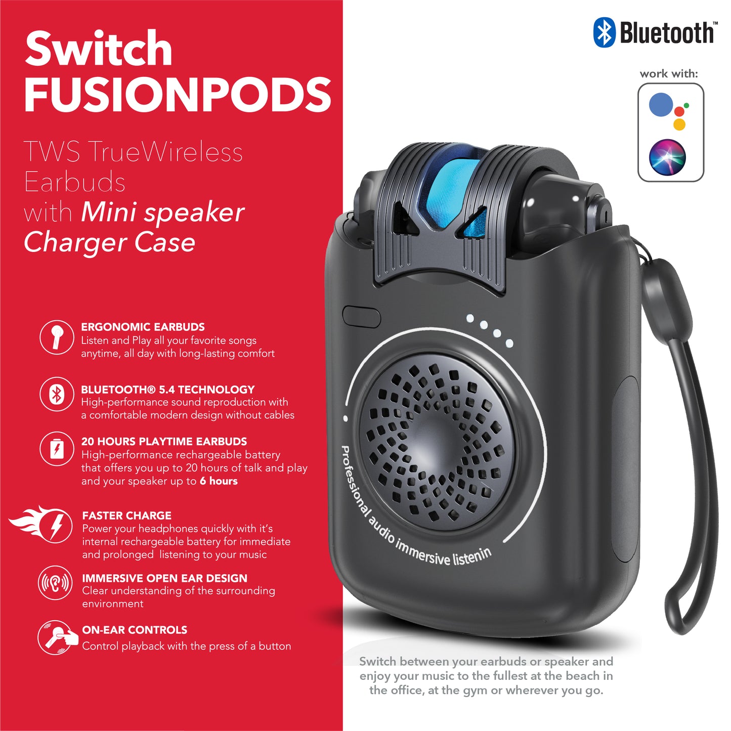 RCA TUNE-98 2-in-1 Bluetooth Speaker with Built-In True Wireless Earbuds