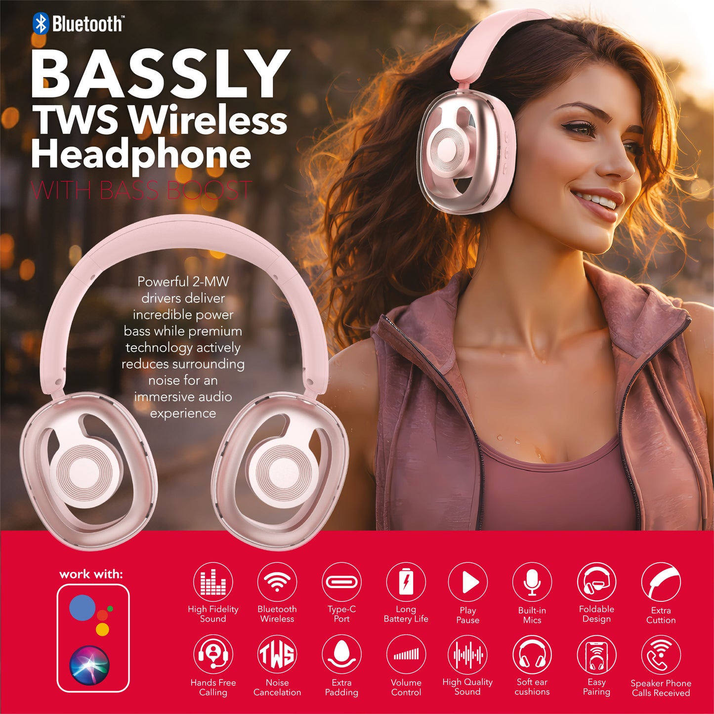 RCA WAVE-77 Wireless Over-Ear Headphones with Foldable, 90° Rotating Ear Cups