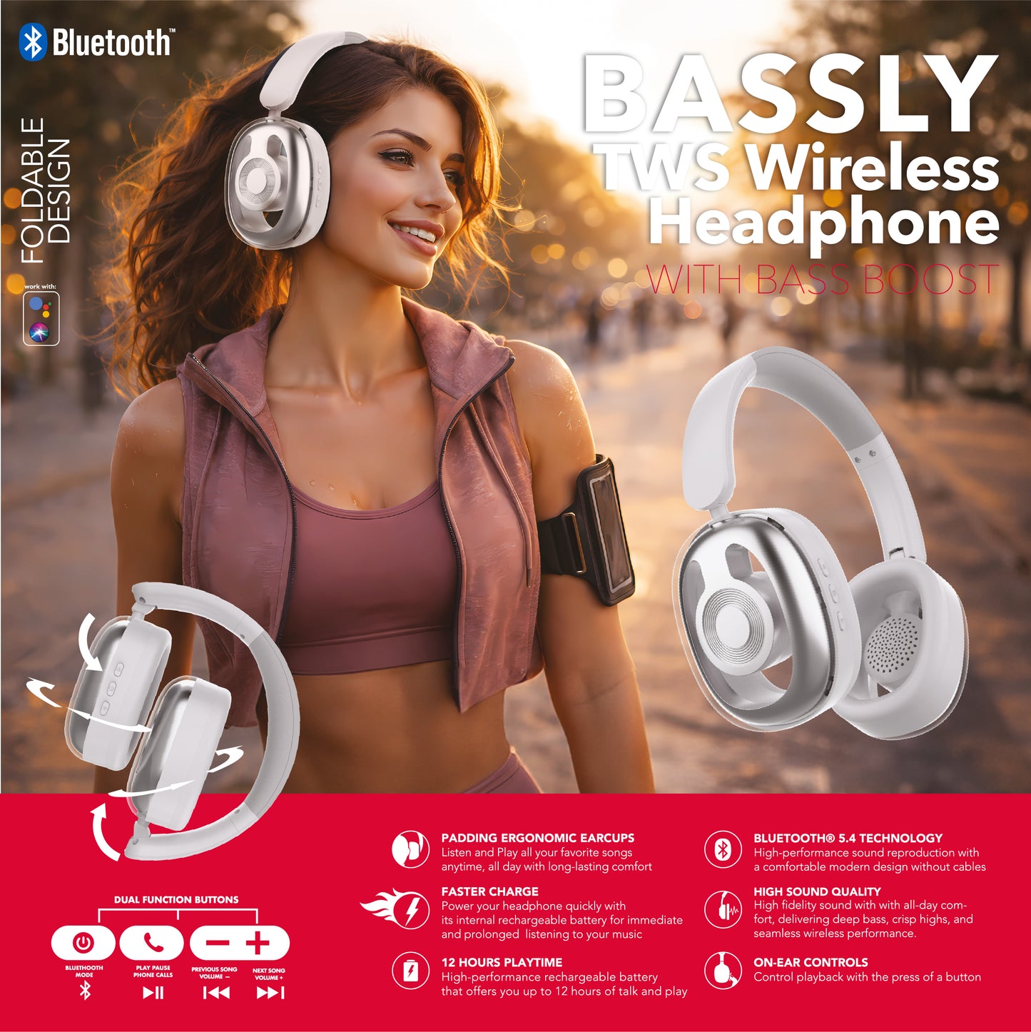 RCA WAVE-77 Wireless Over-Ear Headphones with Foldable, 90° Rotating Ear Cups