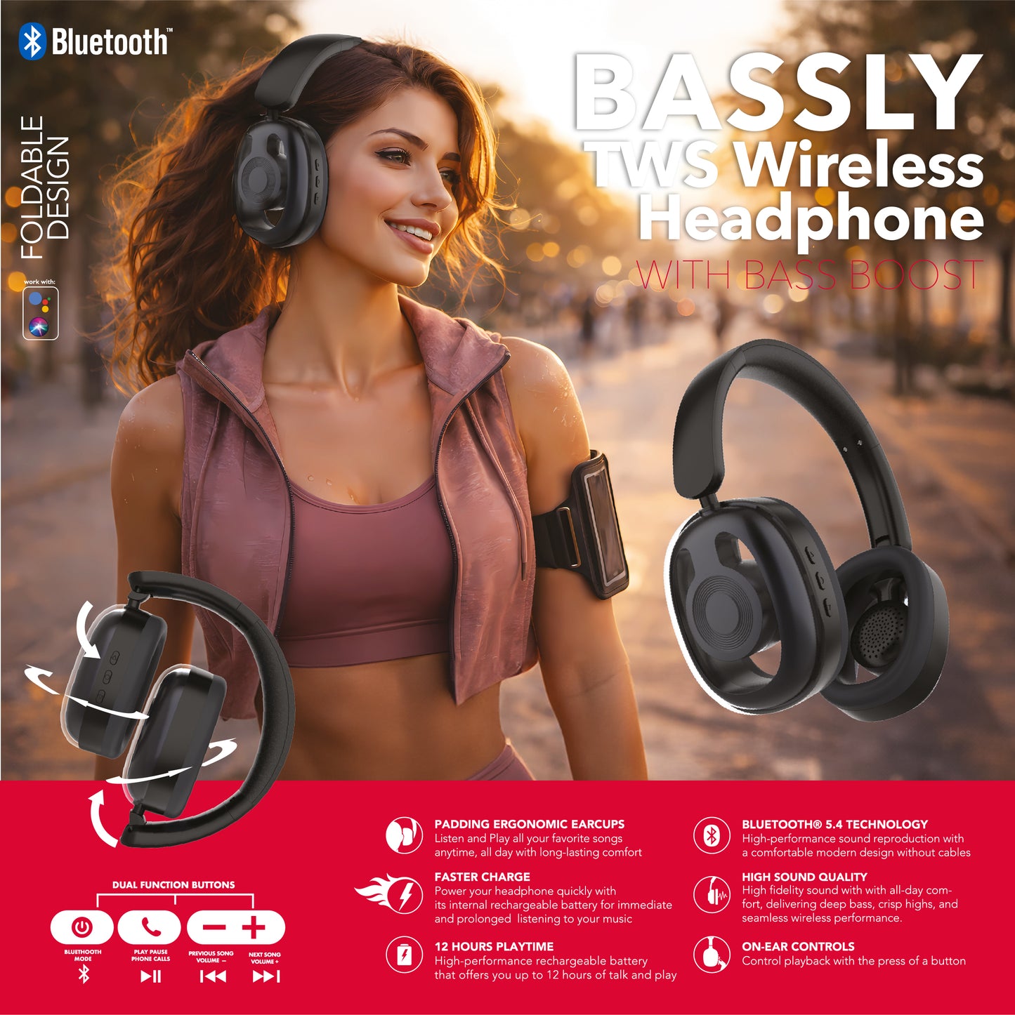 RCA WAVE-77 Wireless Over-Ear Headphones with Foldable, 90° Rotating Ear Cups