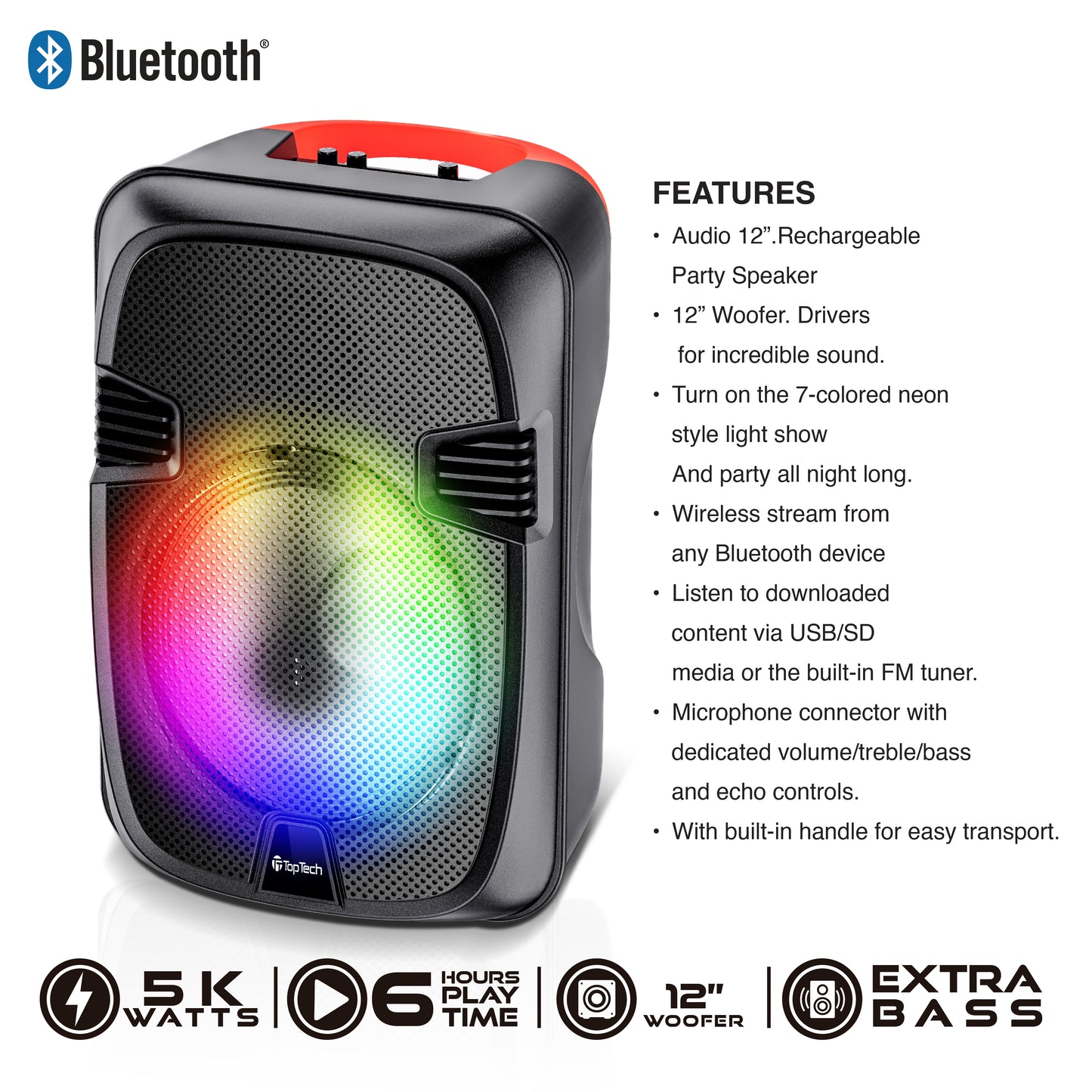 TOPTECH AL-1202 12-Inch Portable Bluetooth Party Speaker with Wired Mic & Karaoke
