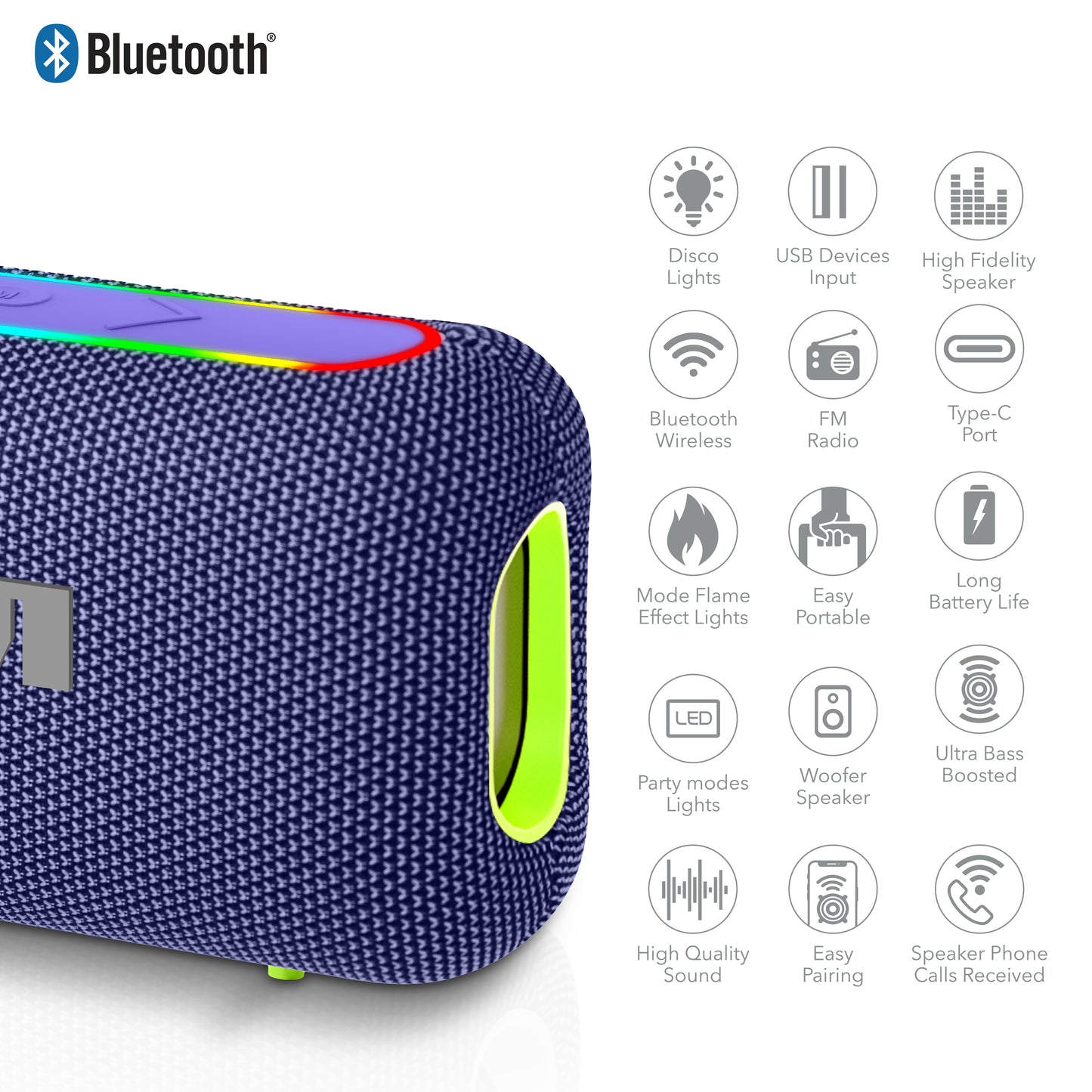 RCA BEAT-44 10W Portable Bluetooth Speaker with Dual Woofers & RGB Lights