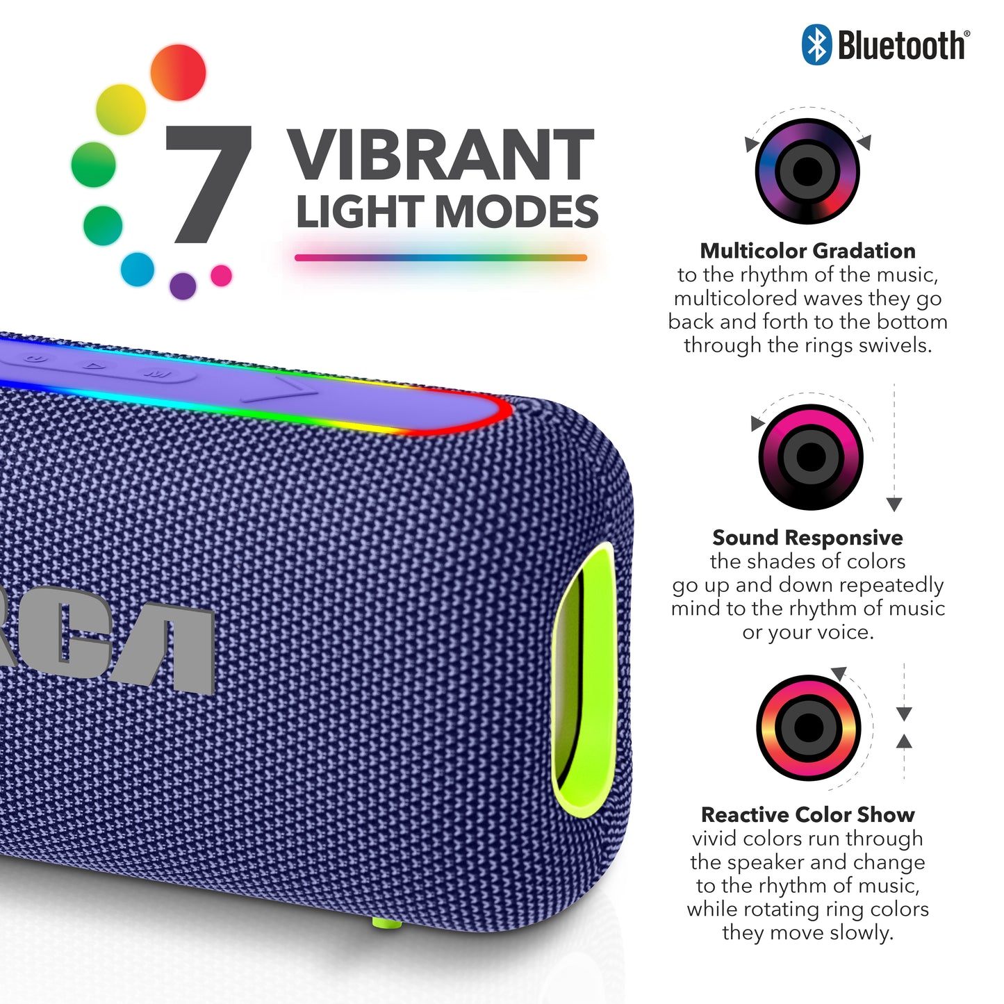 RCA BEAT-44 10W Portable Bluetooth Speaker with Dual Woofers & RGB Lights