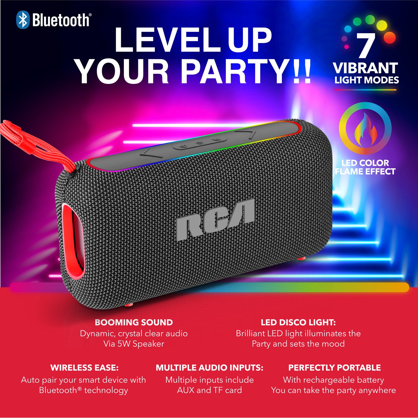 RCA BEAT-44 10W Portable Bluetooth Speaker with Dual Woofers & RGB Lights