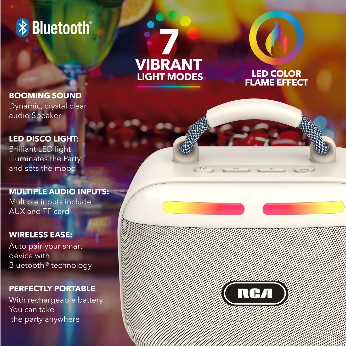 RCA FLEX-30 Portable Bluetooth Speaker with RGB Lights & 100-Min Playback