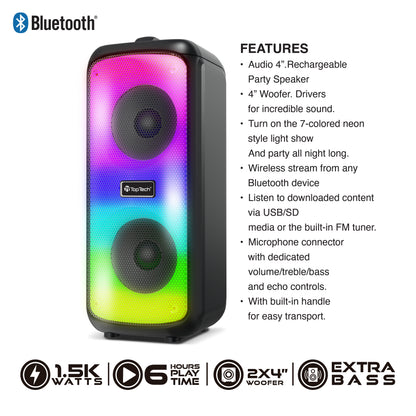 TOPTECH KL-33 Portable Bluetooth Speaker with Dual Woofers, RGB Lights & Karaoke