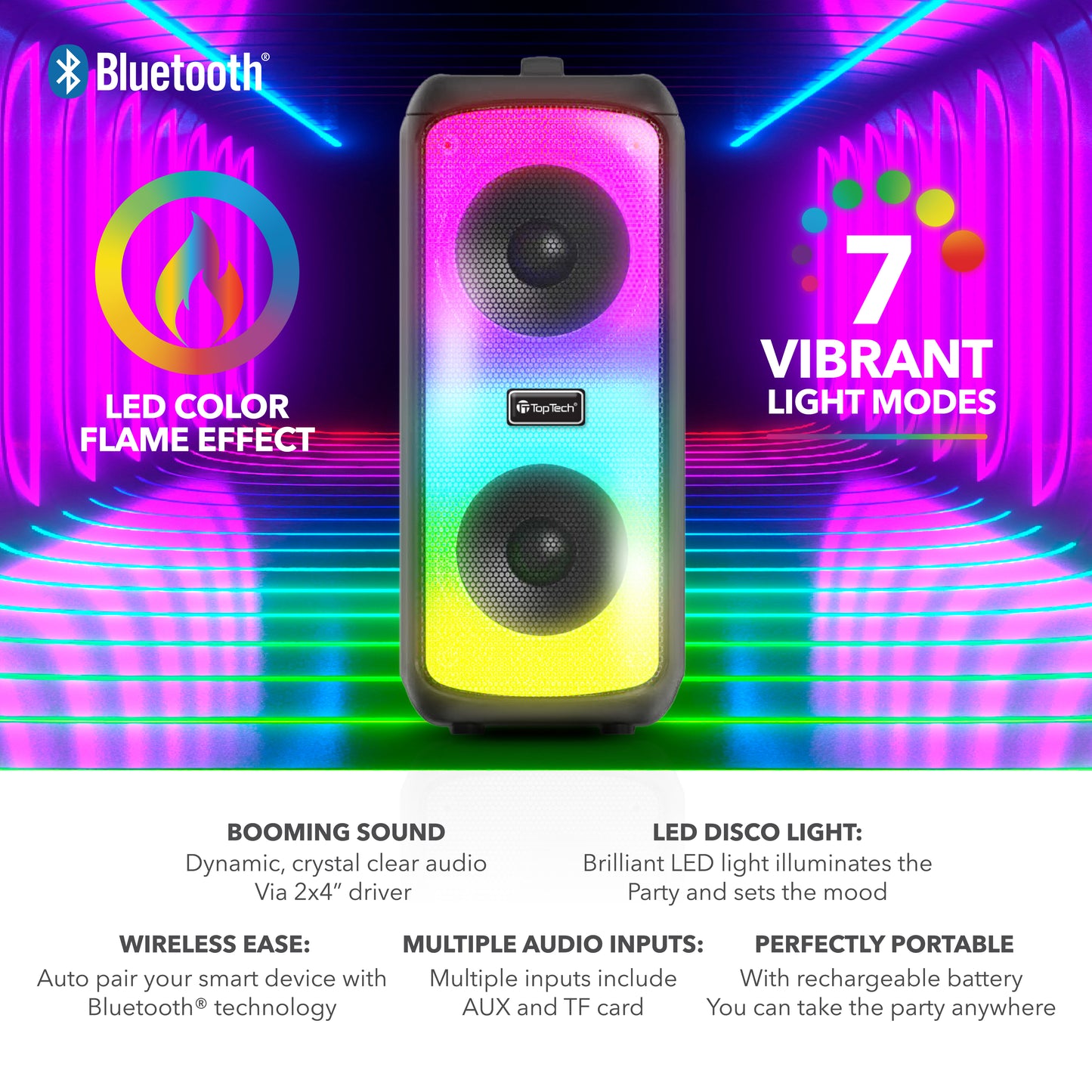 TOPTECH KL-33 Portable Bluetooth Speaker with Dual Woofers, RGB Lights & Karaoke