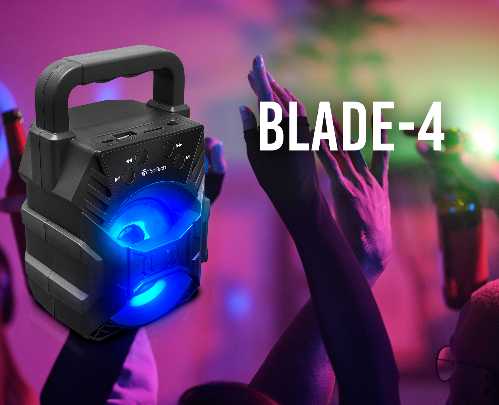 TOPTECH Blade-4 400W Portable Rechargeable Mini Speaker with Colorful Lights & FM Radio - Top Tech Audio 