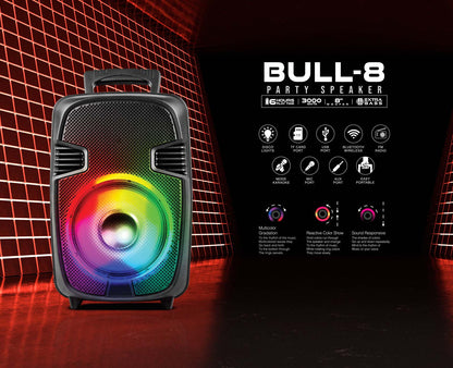 TOPTECH BULL-8, 8'' Bluetooth Speaker with Disco Lights, Wheels, Wireless Mic - Top Tech Audio 