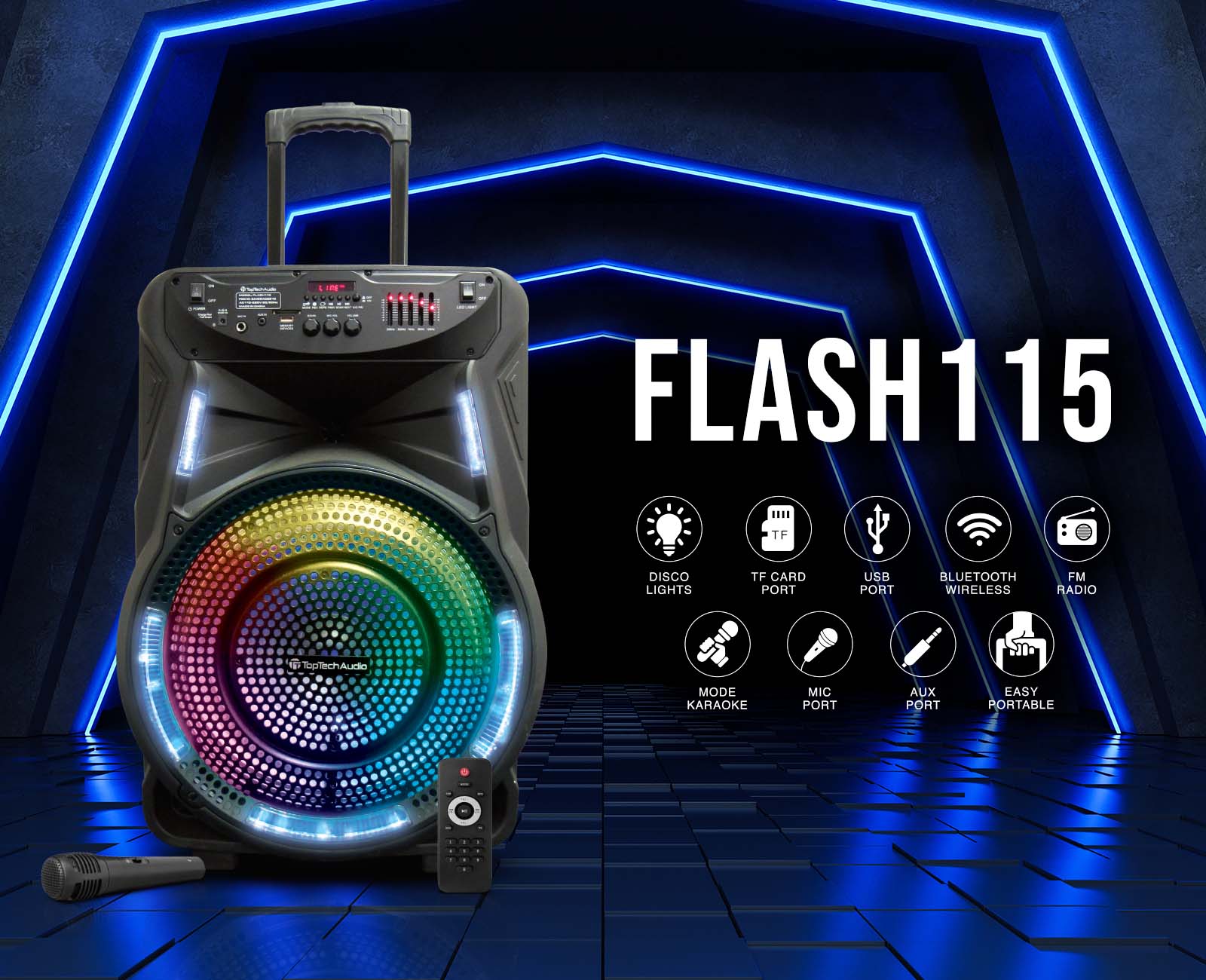 TOPTECH FLASH-115, 15'' Bluetooth Speaker with Flame Lights, Wireless Microphone & Remote - Top Tech Audio 