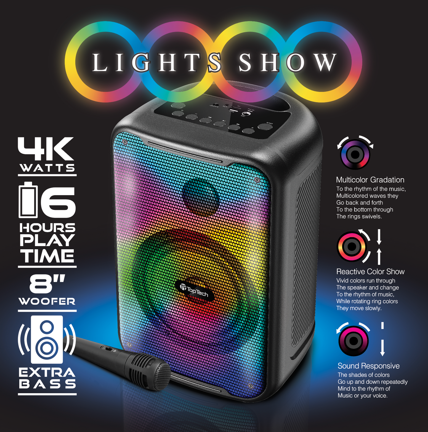 TOPTECH BLADE-8 8" Wireless Bluetooth Speaker, TWS, Flame Lights - Top Tech Audio 