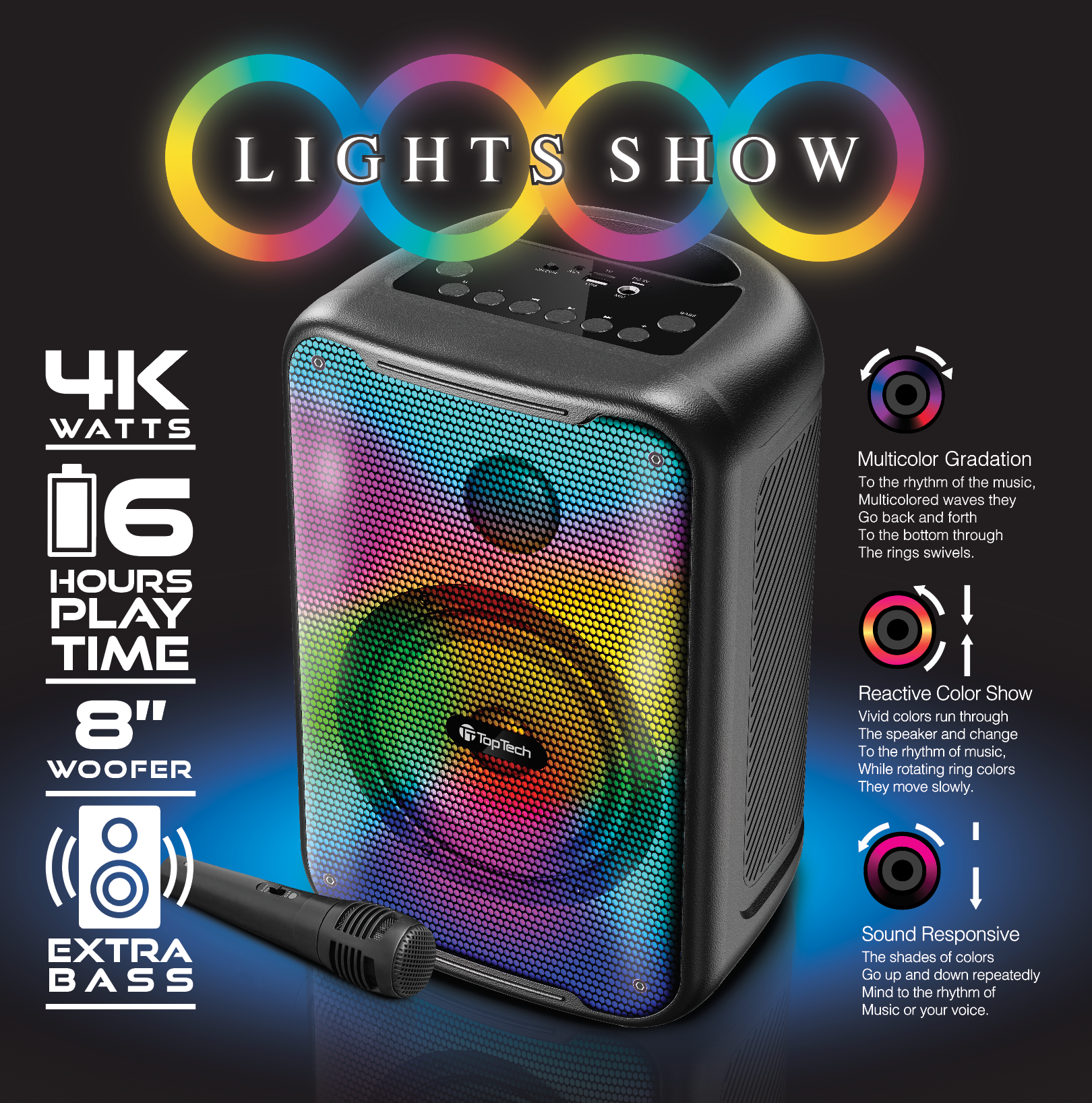 TOPTECH BLADE-8 8" Wireless Bluetooth Speaker, TWS, Flame Lights - Top Tech Audio 