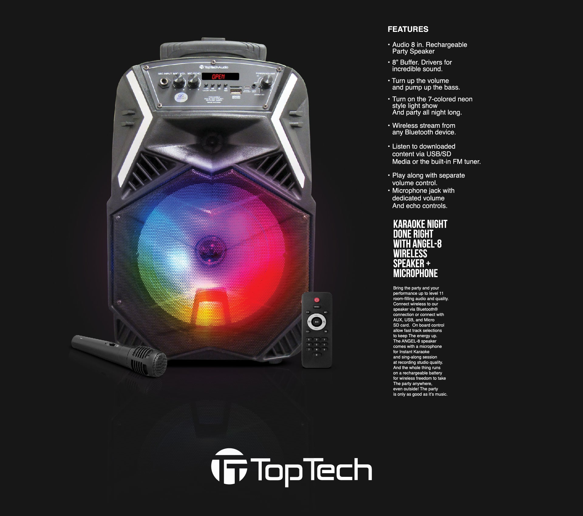 TOPTECH Angel-8 Bluetooth Portable Speaker with LED Lights, Mic, and Wheels - Top Tech Audio 