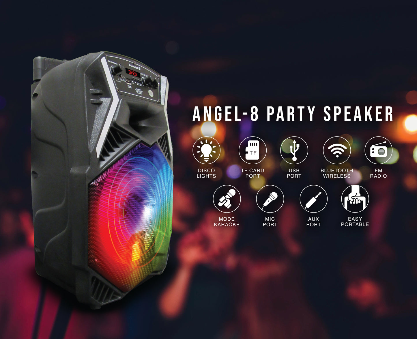 TOPTECH Angel-8 Bluetooth Portable Speaker with LED Lights, Mic, and Wheels - Top Tech Audio 